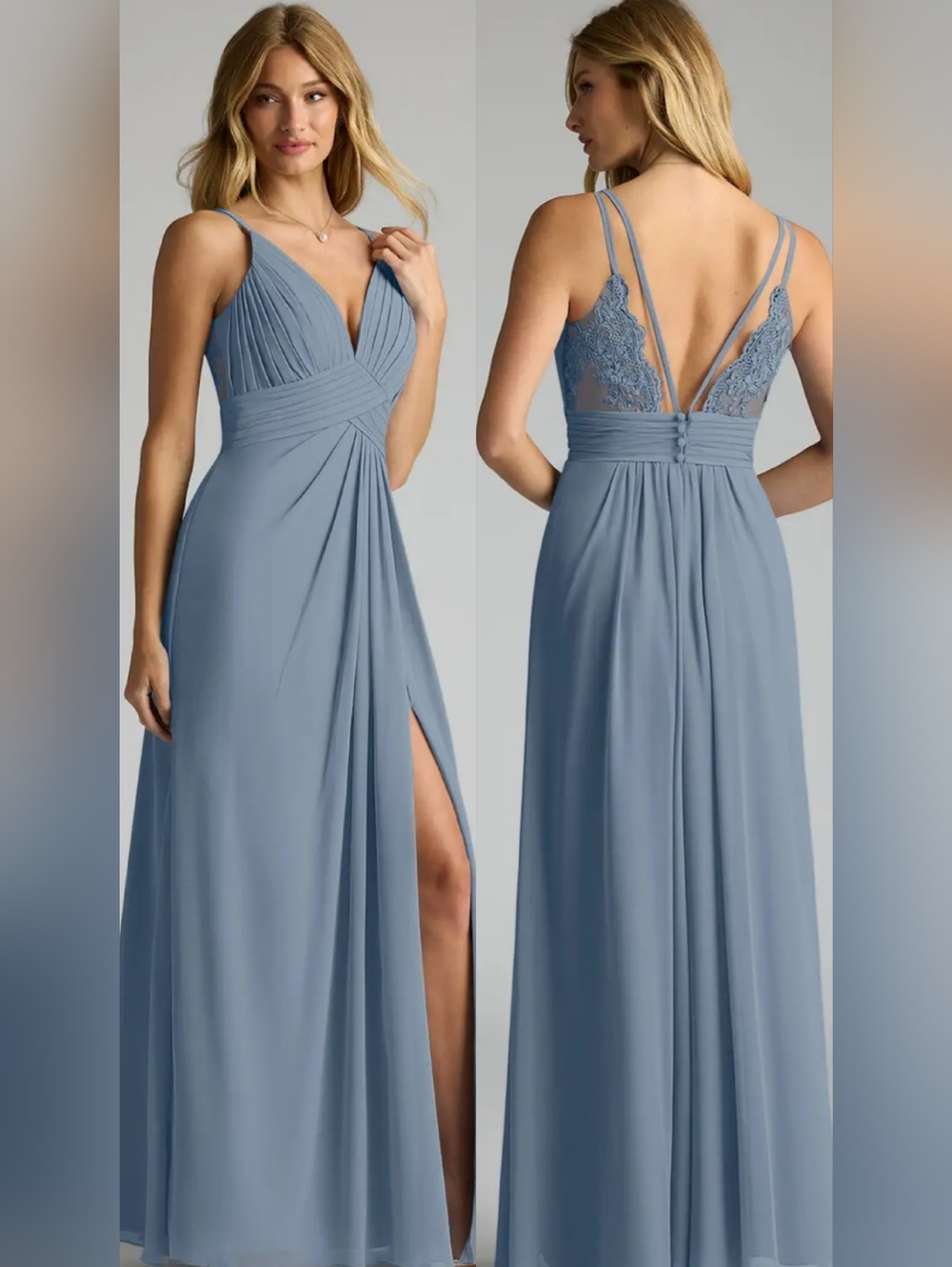 Azazie Pleated Lace Evening Party Wedding Formal Maxi Zip Dress